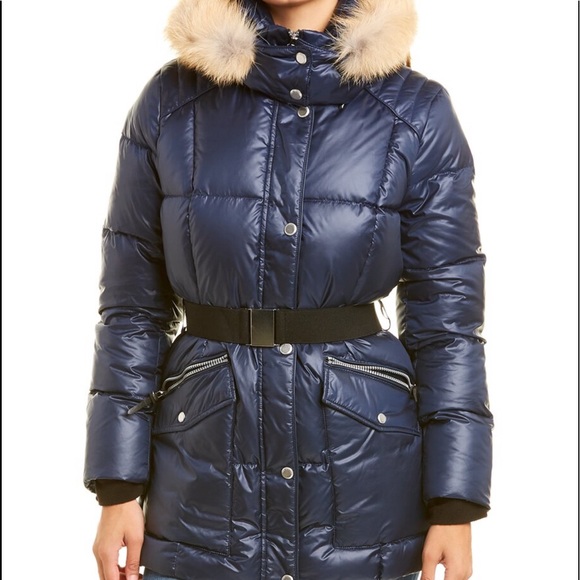 NWT, Andrew Marc Belted Puffer w/ REAL fur, Navy, Size L - Picture 3 of 14